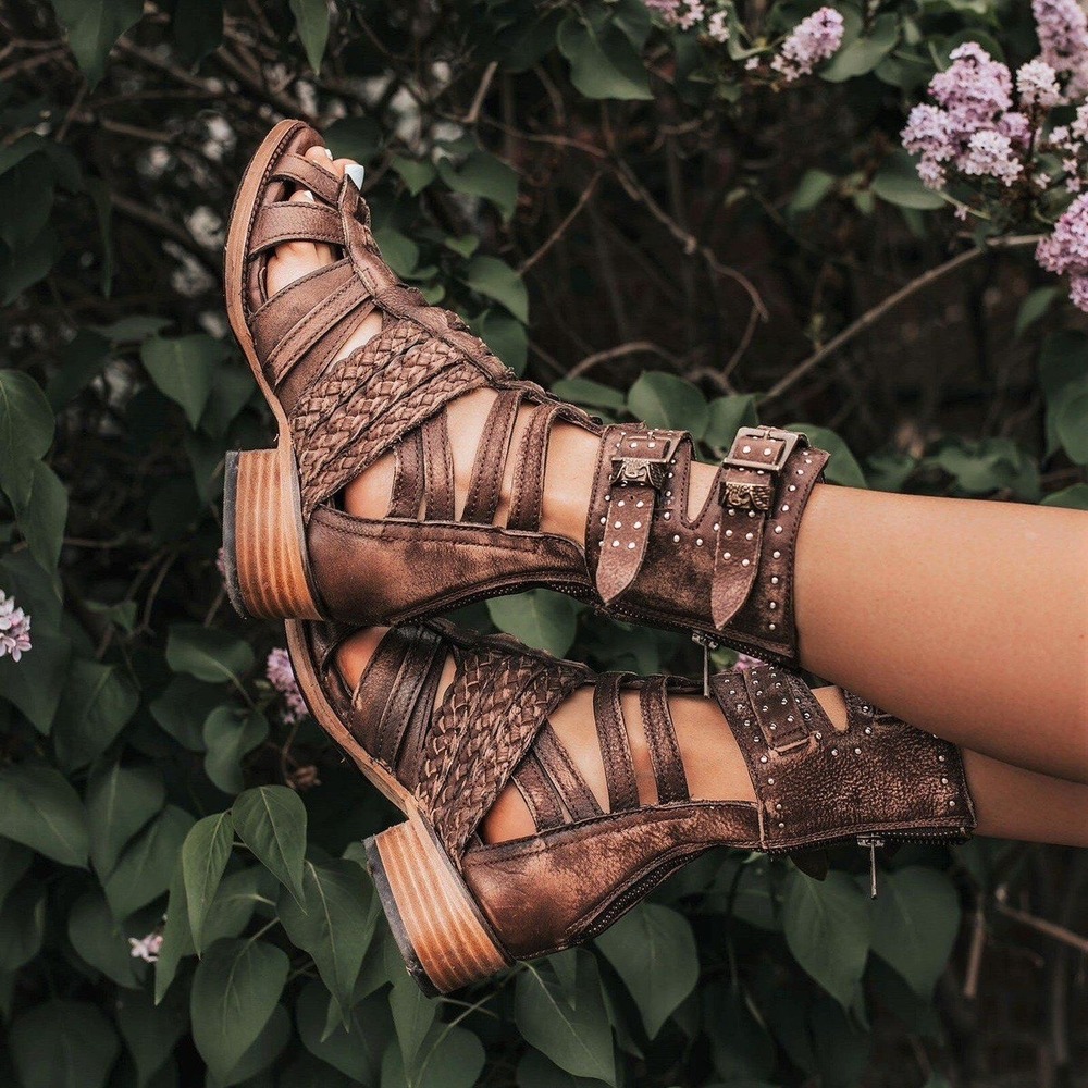 Freebird Moonflower Women 10 Brown Gladiator Sandals Leather Buckle Boots